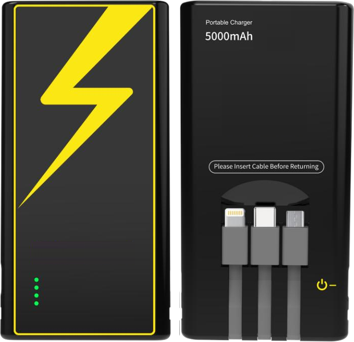 A Charged YYJ power bank, front and back, with built-in Lightning, USB-C and Micro-USB cables