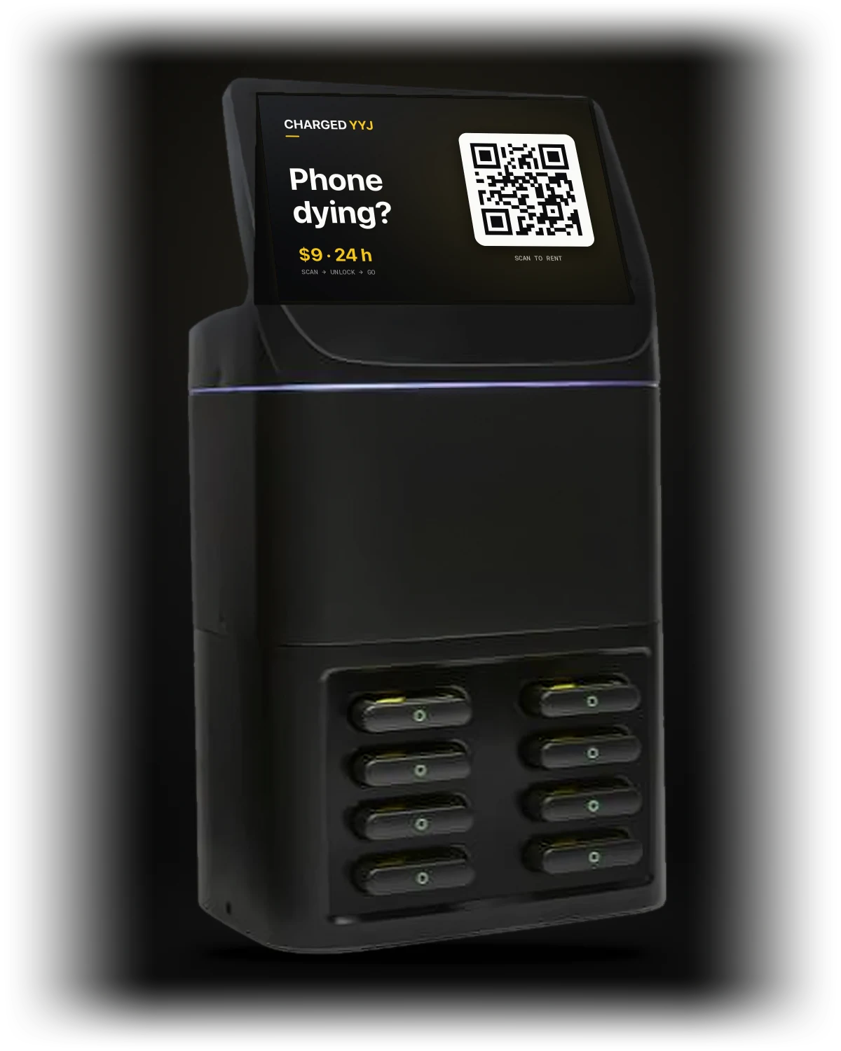 Charged YYJ phone charging station with a screen and slots for eight power banks